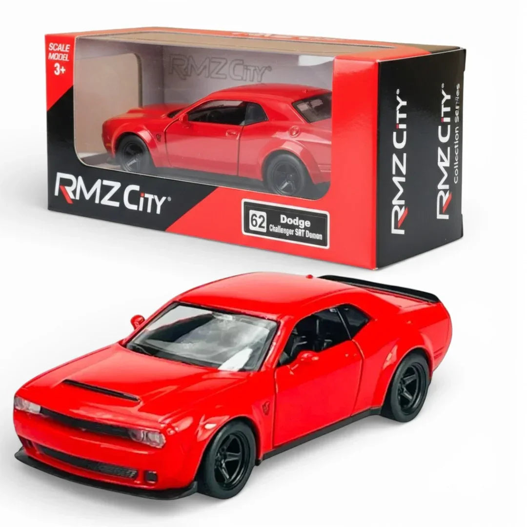 RMZ City 1:36 Dodge Challenger SRT Demon Die-Cast Car | Licensed Collectible with Opening Doors & Pull-Back Action | Metal Model Toy (Red / Yellow)