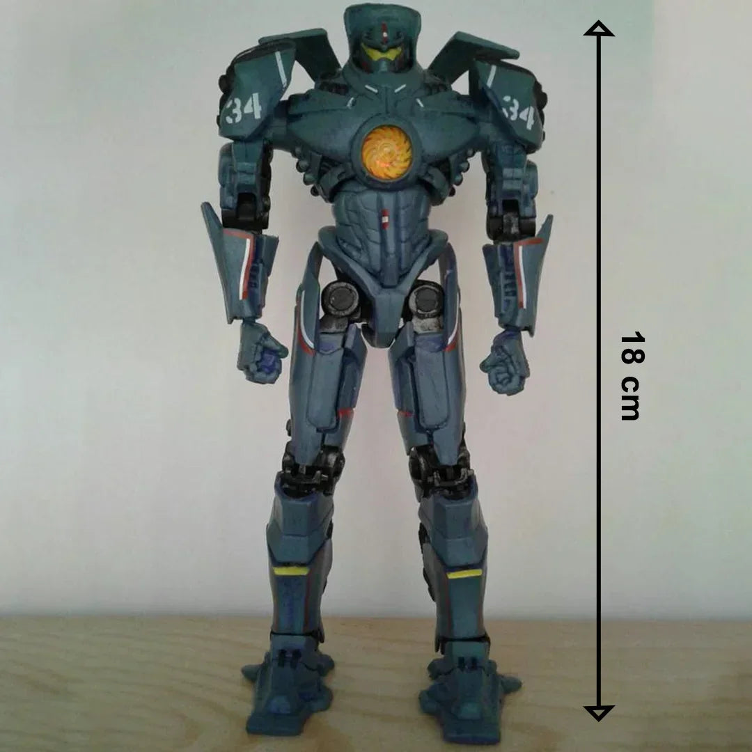 18 cm tall blue robot action figure with number 34, standing on wooden surface