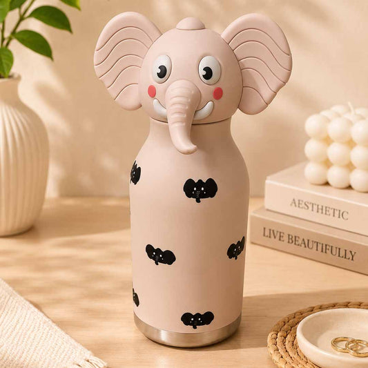AFRESH 365 Animal Head Collection Elephant Stainless Steel Vacuum Insulated Water Bottle 450ml (16oz) with Straw & Cleaning Brush With 4 Colour Variants