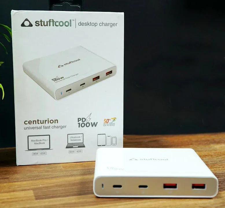 STUFFCOOL 100W Centurion 4 Port Charging Station with 2 USB C PD Ports, 2 QC3.0 USB A Ports Compatible with MacBook Pro 16", MacBook M1 Series, Ultrabooks, iPhones, Universal Fast Charger Camera Battery Charger (White) - Jaiman Toys