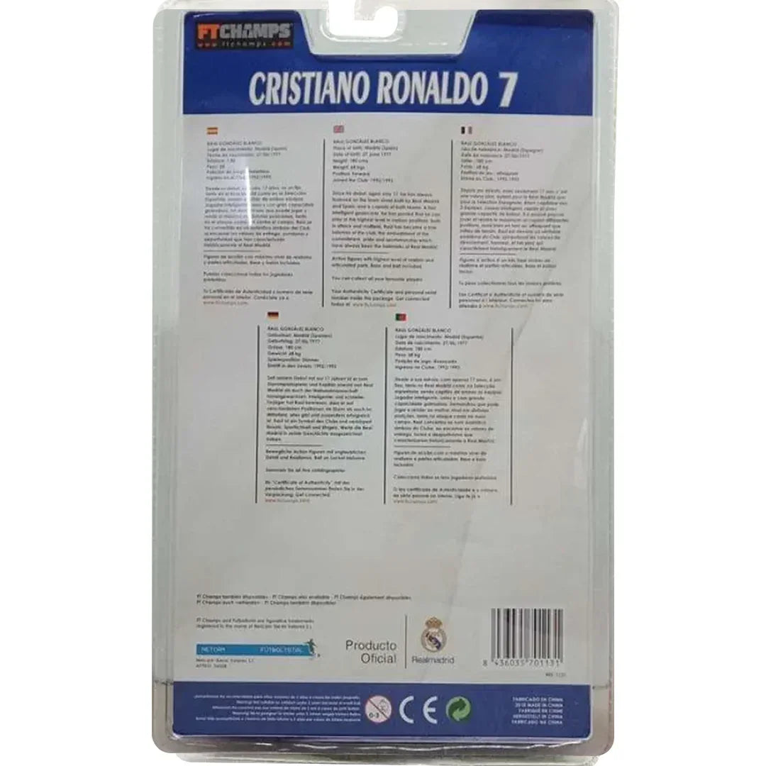 Back packaging of FT Champs Cristiano Ronaldo 7 collectible action figure with multilingual text.