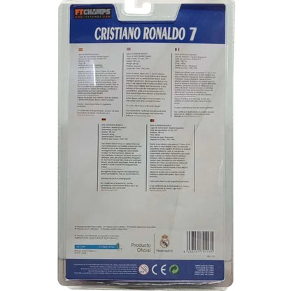 Back packaging of FT Champs Cristiano Ronaldo 7 collectible action figure with multilingual text.