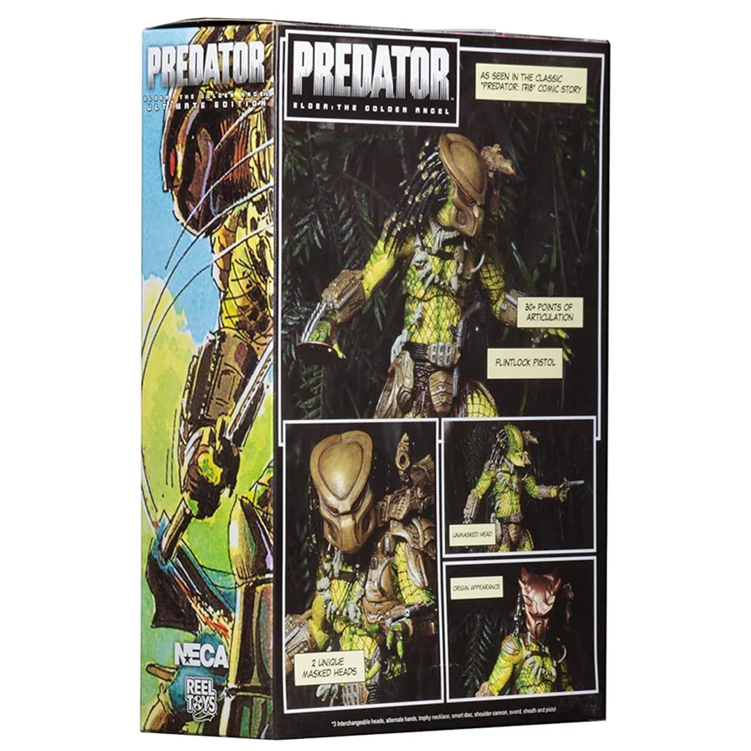 Predator Elder: The Golden Angel NECA action figure box featuring comic art and toy details