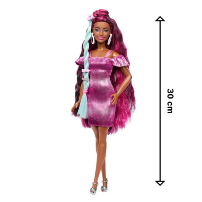 Barbie Fun &amp; Fancy: Brunette Beauty with Extra-Long Colorful Hair and Shimmery Pink Dress - Jaiman Toys