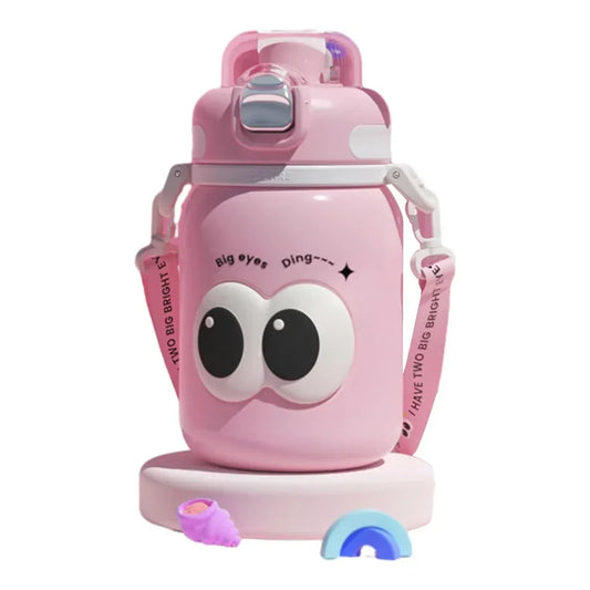 Cute Big Eyes Ding Insulation Cup Cartoon Portable Double Drinking Straw Cup 550 ML (Pink) - Jaiman Toys