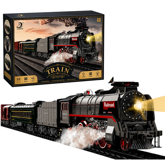 FENMING Classic Steam Train Set with Smoke, Lights & Track Layout | Battery Operated Railway Toy