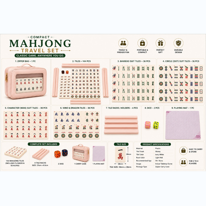 MOJO Compact Mahjong Set with Carry Case, 144 Tiles, Racks, Mat & Dice- 35mm Tiles