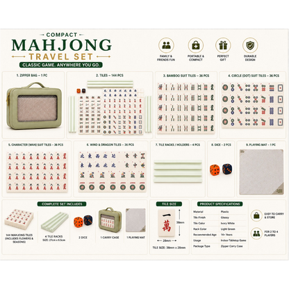 MOJO Compact Mahjong Set with Carry Case, 144 Tiles, Racks, Mat & Dice- 35mm Tiles
