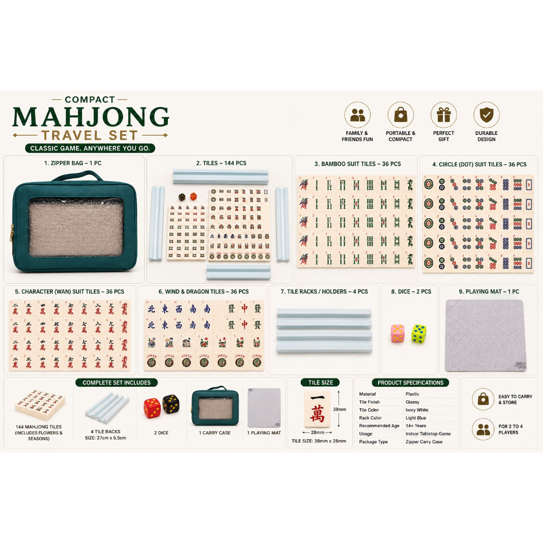 MOJO Compact Mahjong Set with Carry Case, 144 Tiles, Racks, Mat & Dice- 35mm Tiles