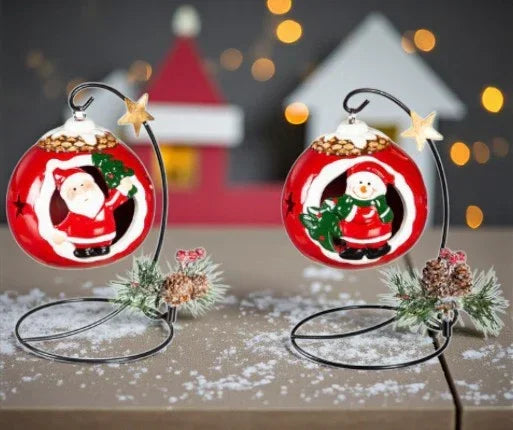 Hanging Santa Christmas Ornament with Metal Stand – Festive Bauble Décor with Pinecone & Berries | Tabletop Christmas Decoration  - 1 Piece