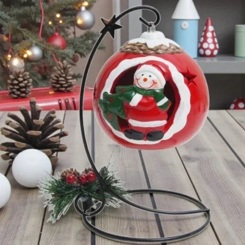 Hanging Santa Christmas Ornament with Metal Stand – Festive Bauble Décor with Pinecone & Berries | Tabletop Christmas Decoration  - 1 Piece