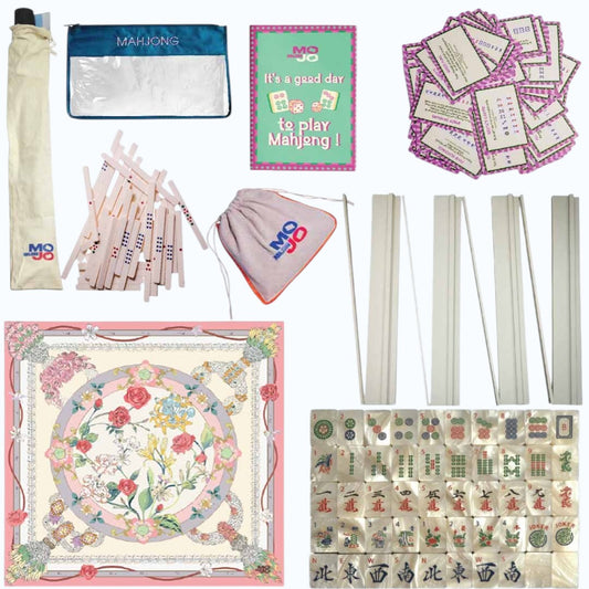 Premium Mahjong Collector Edition Set with 166 Tiles Wooden Racks Floral Playing Mat Dice and Score Chips