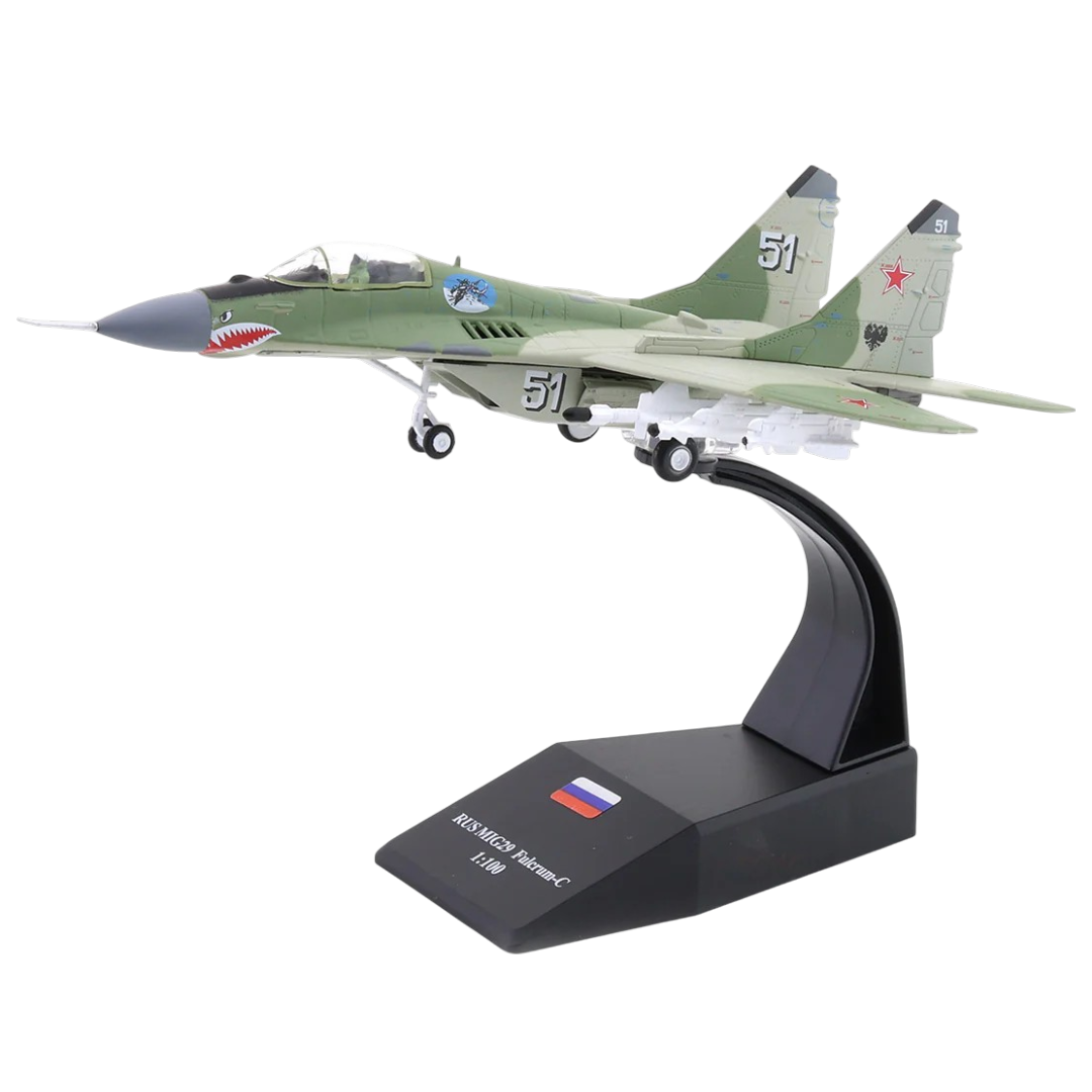 MiG-29 Fulcrum Russian Fighter Jet 1:100 Diecast Military Aircraft Model with Display Stand | Collectible Plane