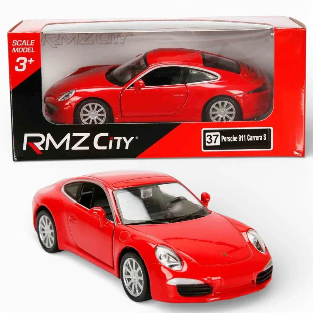 RMZ City 1:36 Porsche 911 Carrera S Diecast Car Model – Opening Doors, Pull Back Action (Red & Grey Variants)