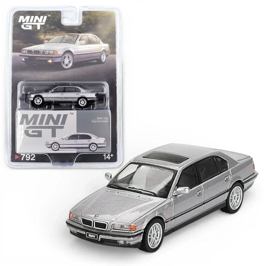 Mini GT 1:64 Blister Pack BMW 750iL Aspen Silver Metallic Diecast Luxury Sedan Model Car