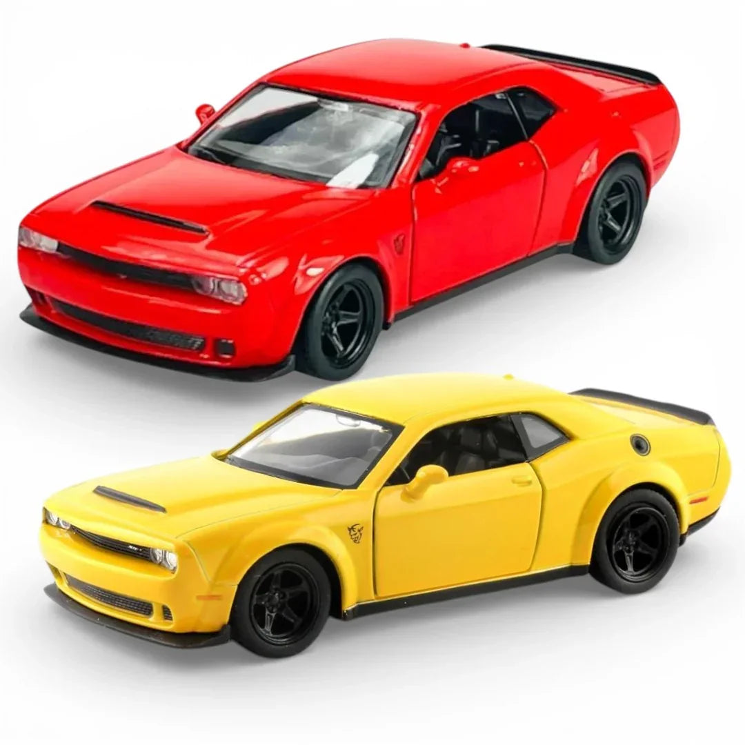 RMZ City 1:36 Dodge Challenger SRT Demon Die-Cast Car | Licensed Collectible with Opening Doors & Pull-Back Action | Metal Model Toy (Red / Yellow)