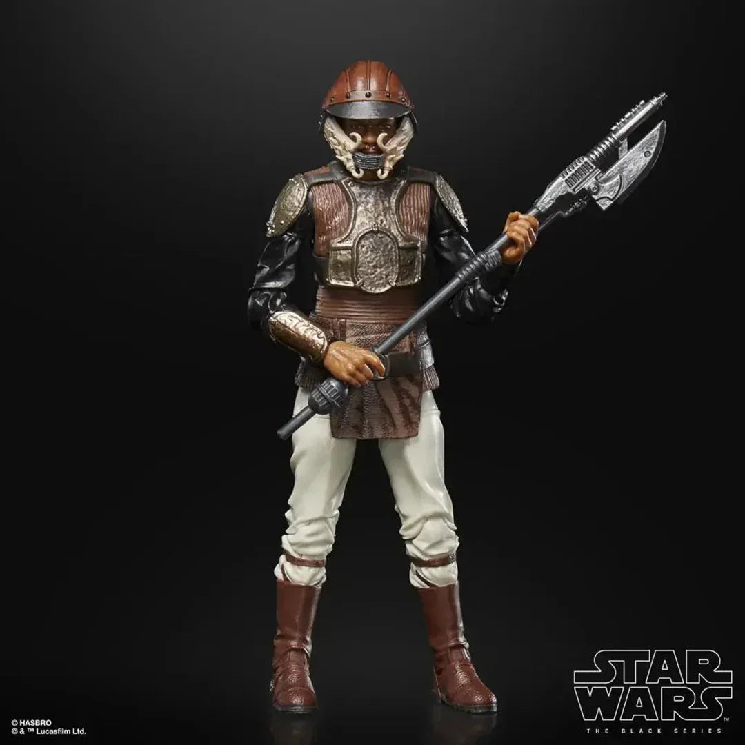 Star Wars Black Series action figure in detailed armor holding a sci-fi staff weapon