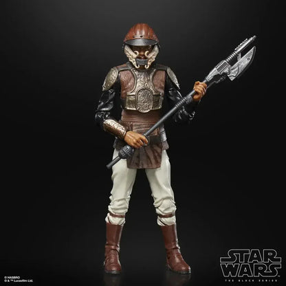 Star Wars Black Series action figure in detailed armor holding a sci-fi staff weapon