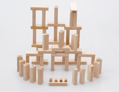 Simarr Number Stackeez Wooden Tower Game – 48 PCS Numbered Balance Blocks with Dice | Educational Stacking Game for Kids