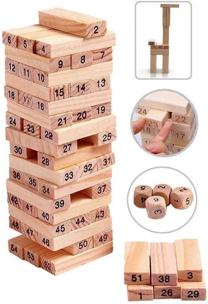 Simarr Number Stackeez Wooden Tower Game – 48 PCS Numbered Balance Blocks with Dice | Educational Stacking Game for Kids