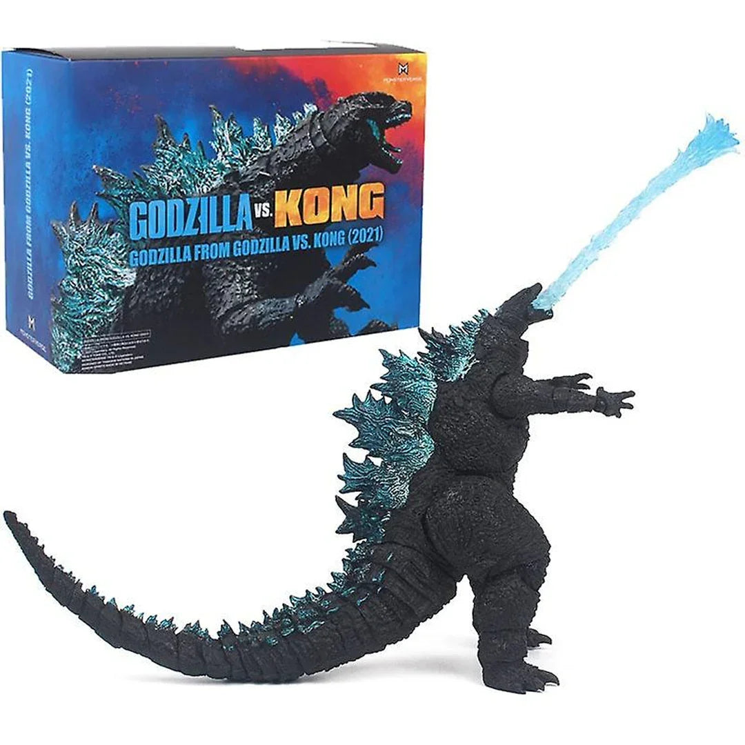 Godzilla action figure shooting blue beam, with Godzilla vs. Kong collectible toy box
