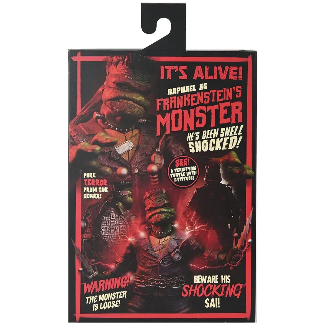 Action figure packaging featuring Raphael as Frankenstein's Monster in horror-themed artwork.