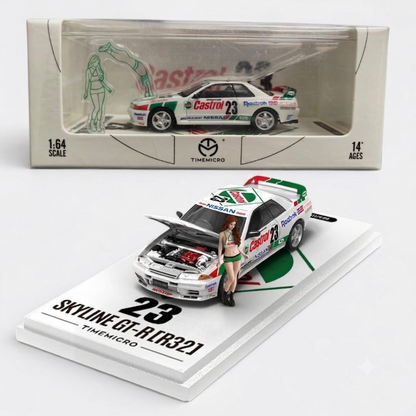 Time Micro Nissan Skyline GT-R R32 Castrol No.23 Figure Edition 1:64 Scale Diecast Model Car | Opening Hood | Display Base, Acrylic Case & Figure Included | 14+
