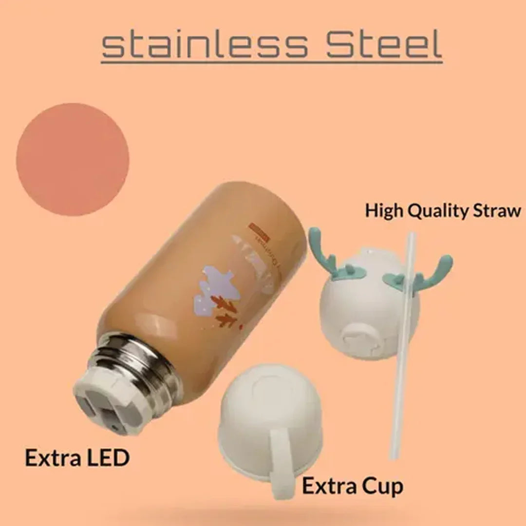Kids Insulated Stainless Steel Water Bottle with Cup & Carry Pouch – Leakproof School Bottle with Shoulder Strap (Reindeer Design)