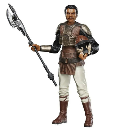 Action figure of a man in armor holding a staff and helmet, collectible toy for kids