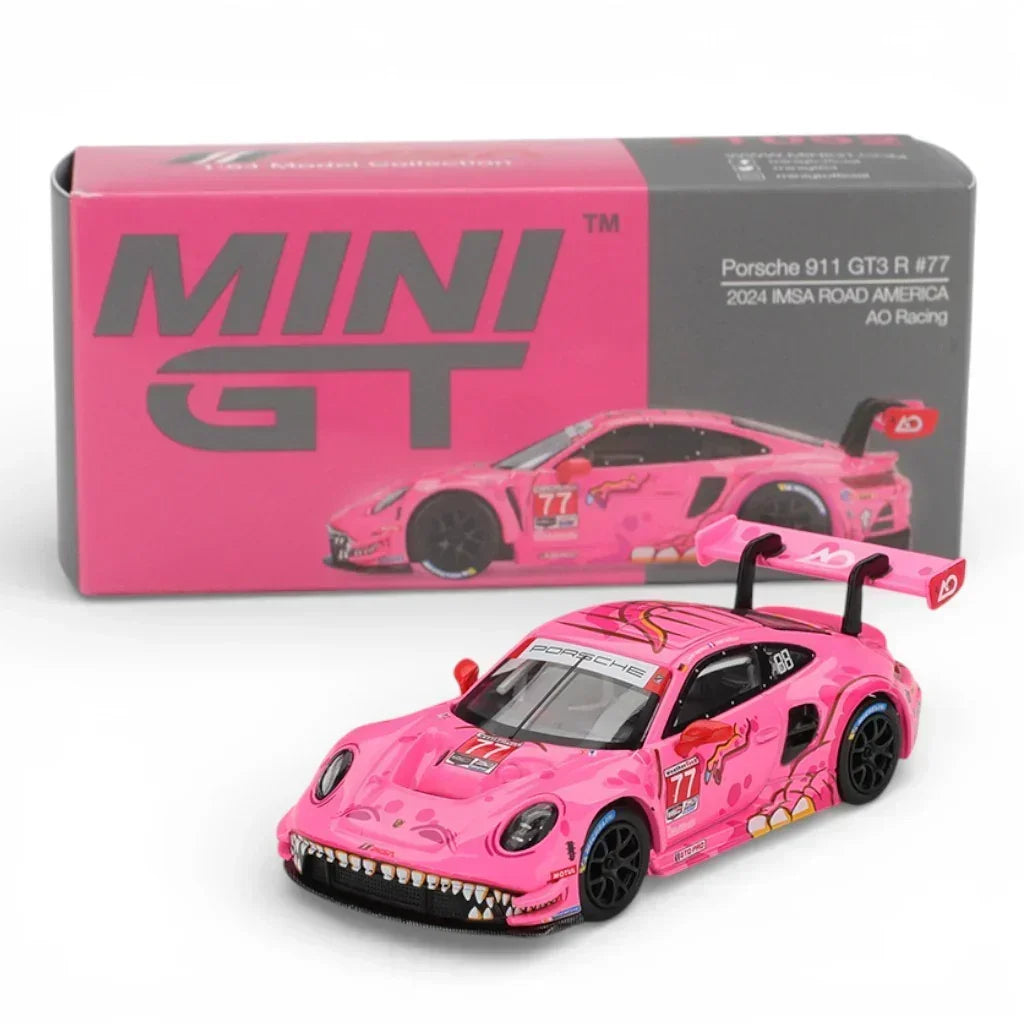 Mini GT 1:64 Roxy Porsche 911 GT3 R #77 AO Racing 2024 IMSA Road America + Nissan LB-Super Silhouette S15 Silvia #555 V2 2024 Formula Drift Japan RHD – Diecast Scale Model Car Duo Set
