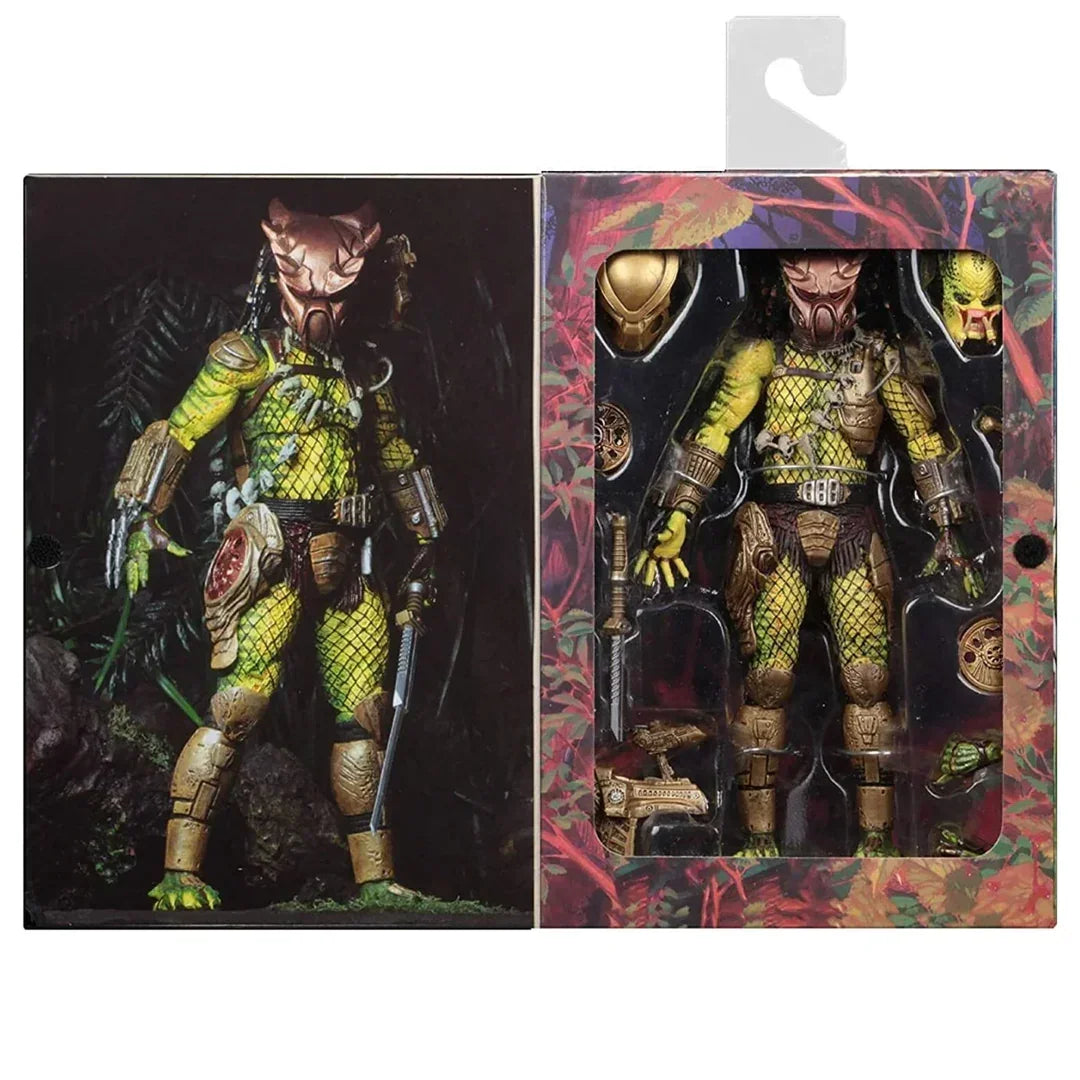 Predator action figure collectible in detailed packaging with accessories, jungle-themed box