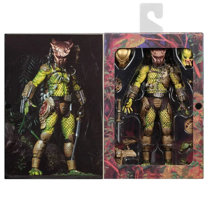 Predator action figure collectible in detailed packaging with accessories, jungle-themed box