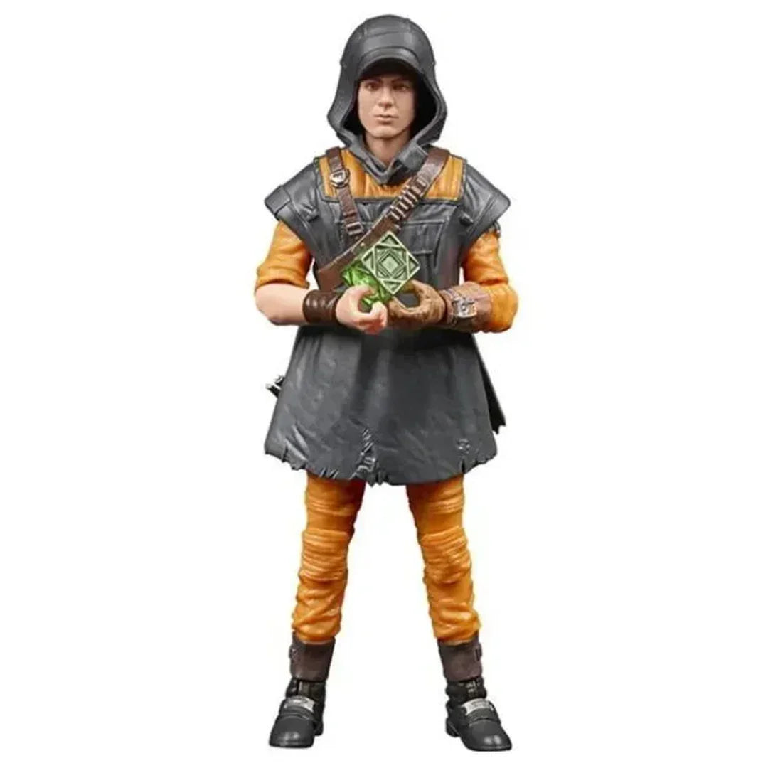 Action figure in medieval-style armor holding a green geometric accessory, collectible toy