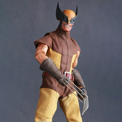 Action figure of superhero in brown and yellow costume with mask and metal claws, collectible toy