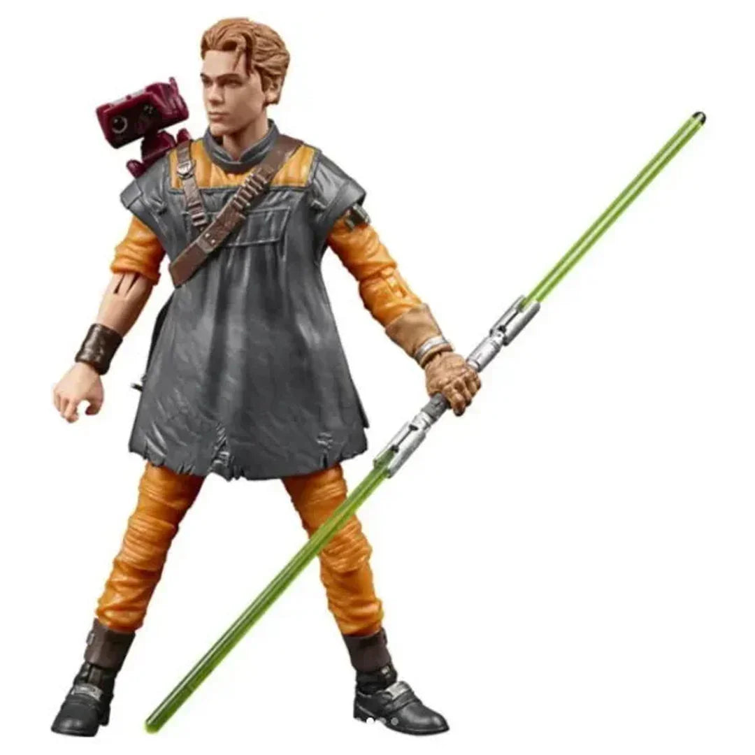 Action figure of a warrior with a green double-bladed lightsaber and robotic companion