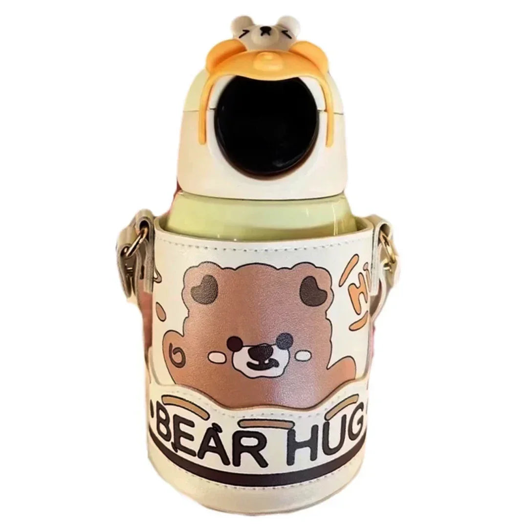 Bear Hug Stainless Steel Digital Water Bottle For Kids with carry bag, additional cup and sipper 500 ML (Cream) - Jaiman Toys