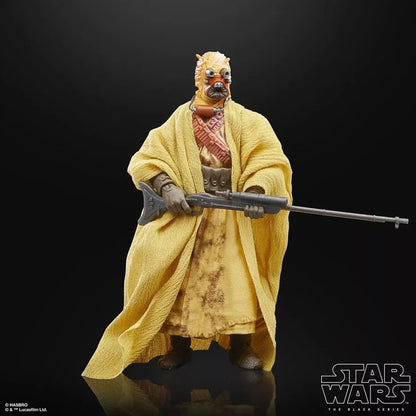 Star Wars The Black Series Tusken Raider action figure holding a rifle on black background