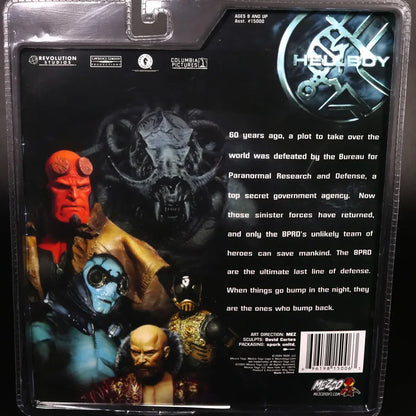 Hellboy and BPRD action figures, character lineup and logo on collectible toy packaging