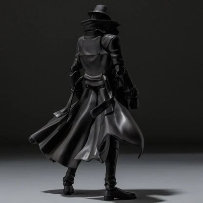 Black collectible action figure in long coat and hat, dramatic shadows, toy photography