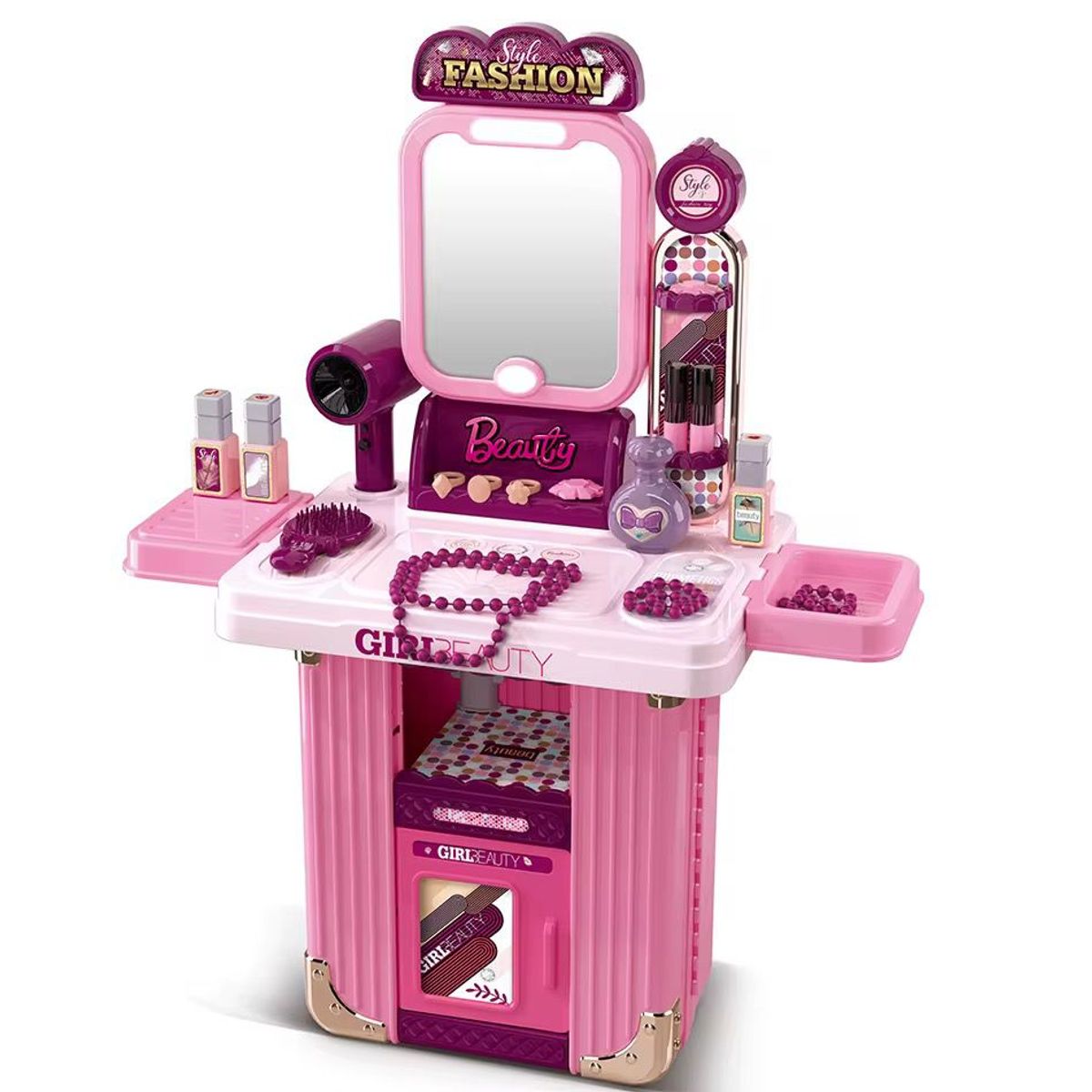 Portable Beauty Makeup Playset with Trolley Suitcase – Kids Pretend Play Vanity Set with Mirror, Hair Dryer & Accessories for Girls