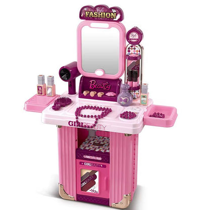 Portable Beauty Makeup Playset with Trolley Suitcase – Kids Pretend Play Vanity Set with Mirror, Hair Dryer & Accessories for Girls