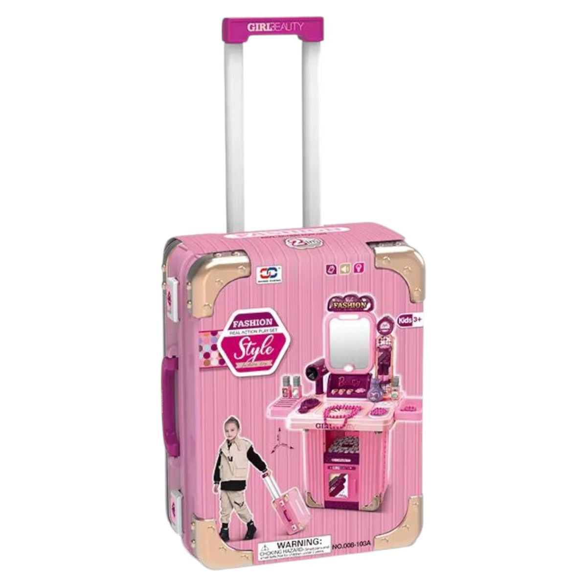 Portable Beauty Makeup Playset with Trolley Suitcase – Kids Pretend Play Vanity Set with Mirror, Hair Dryer & Accessories for Girls