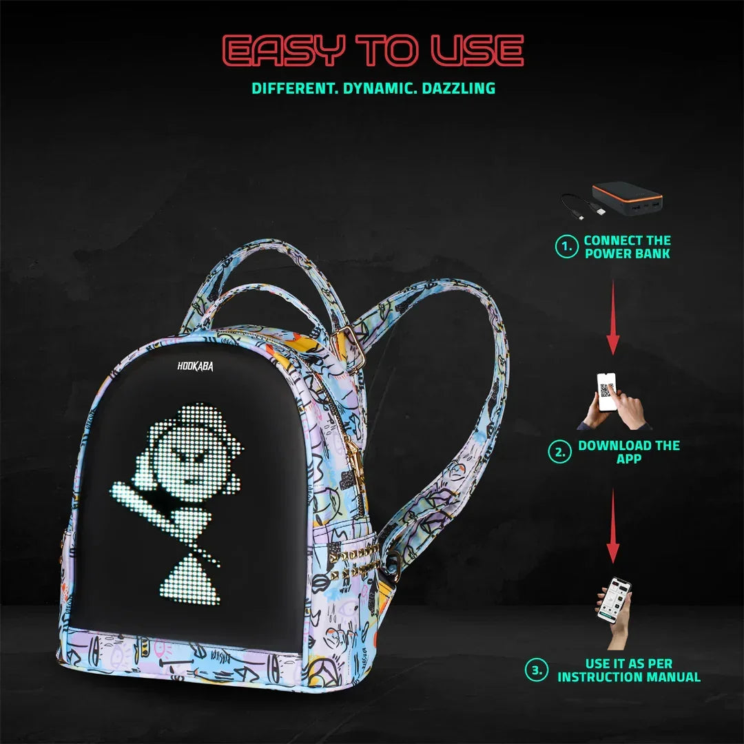 HOOKABA Dazz Roll Women’s LED Backpack – App-Controlled Pixel Display, Stylish Waterproof Bag (14L) - White - Jaiman Toys
