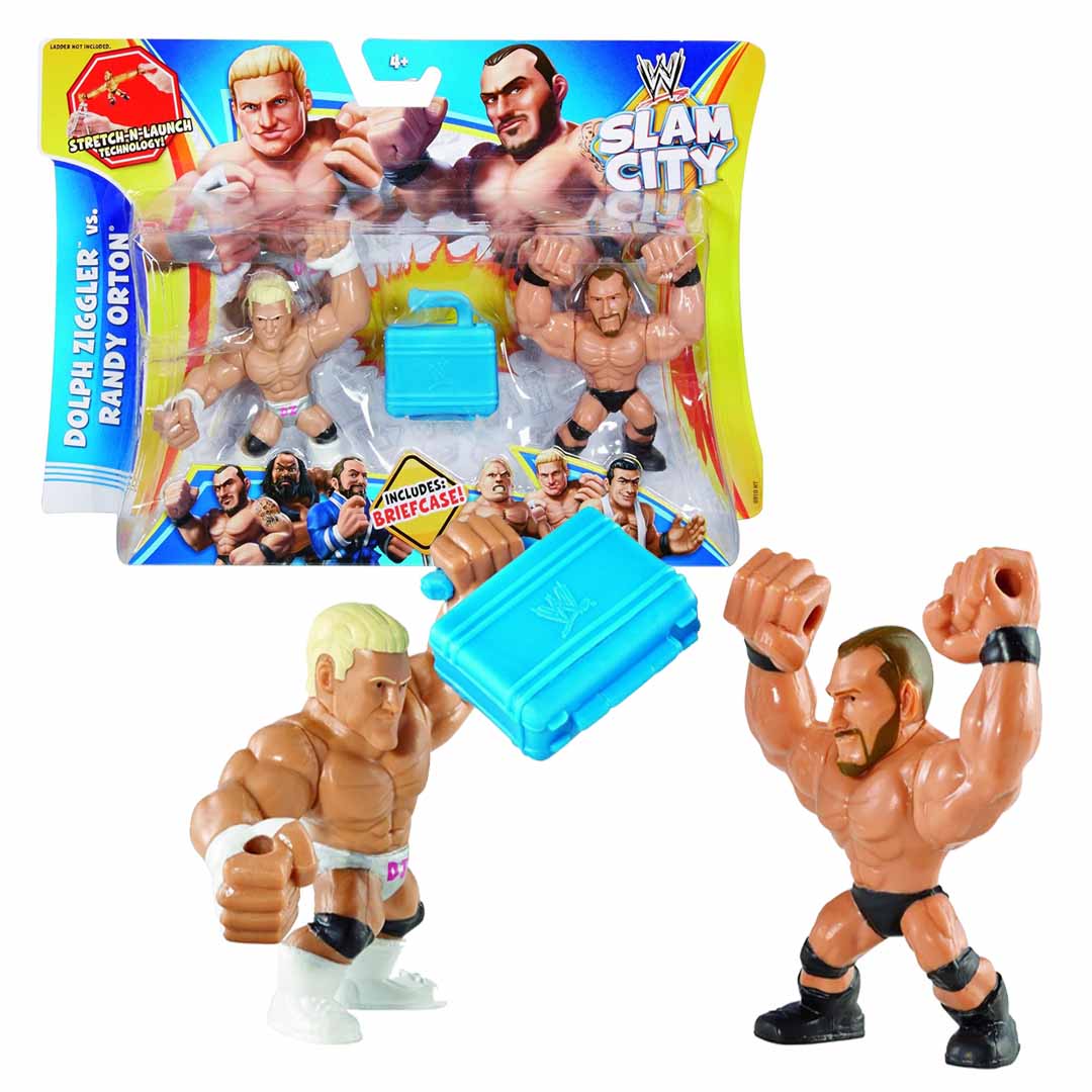 (Damaged Box) WWE Slam City Dolph Ziggler vs Randy Orton Figure Set with Briefcase Accessory 8cm | WWE Wrestling Action Figures for Kids 4+