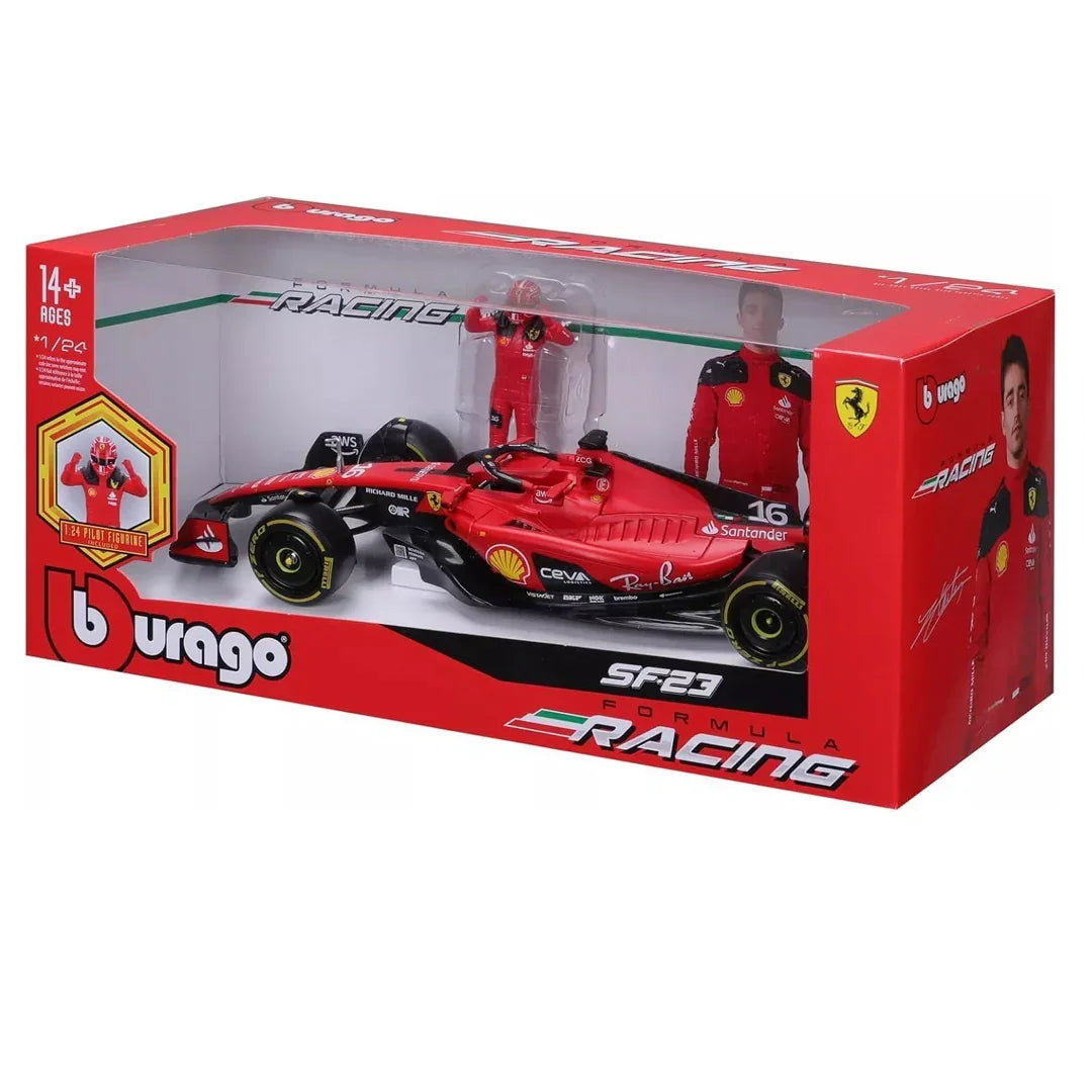 Bburago - 1/24 Scale Model Compatible with Ferrari SF23 F1# 16 Charles Leclerc 2023 with Pilot Figurine - Jaiman Toys