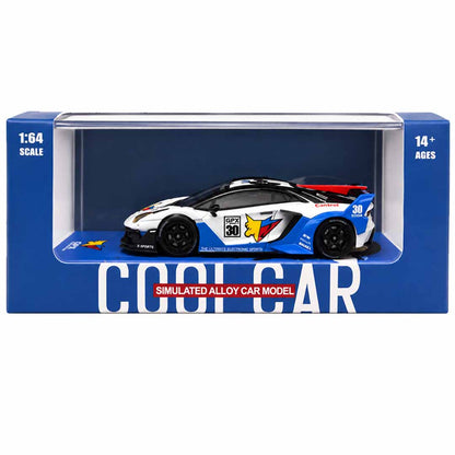 CoolCar Lamborghini Aventador GPX #30 1:64 Scale Die-Cast Model Car | White & Blue Racing Livery Collectible with Display Case