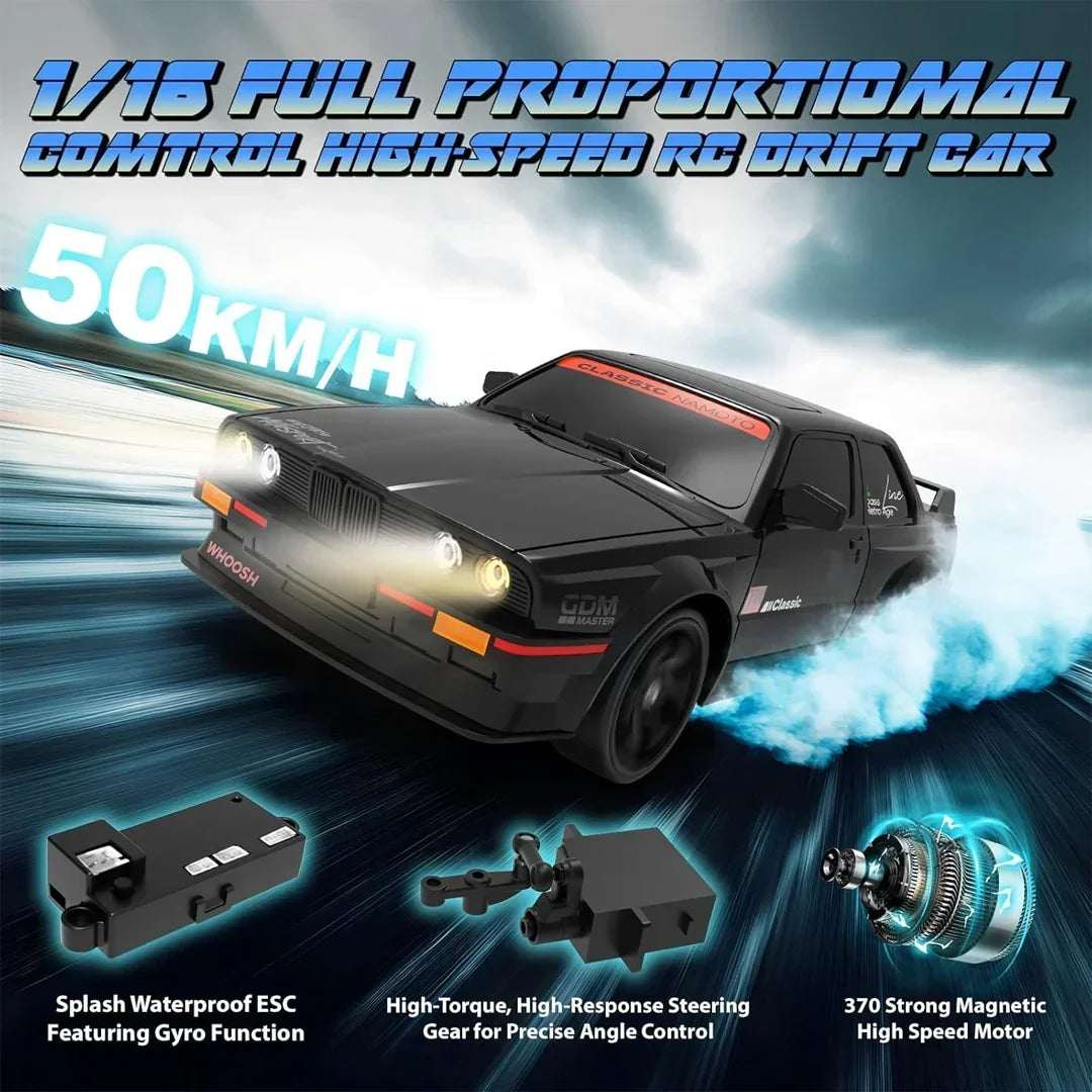 WHOOSH DC162A BMW E30 1:16 RC Drift Car | 4WD High-Speed 50km/h Racing Car with ESP Gyro (RTR) - Black