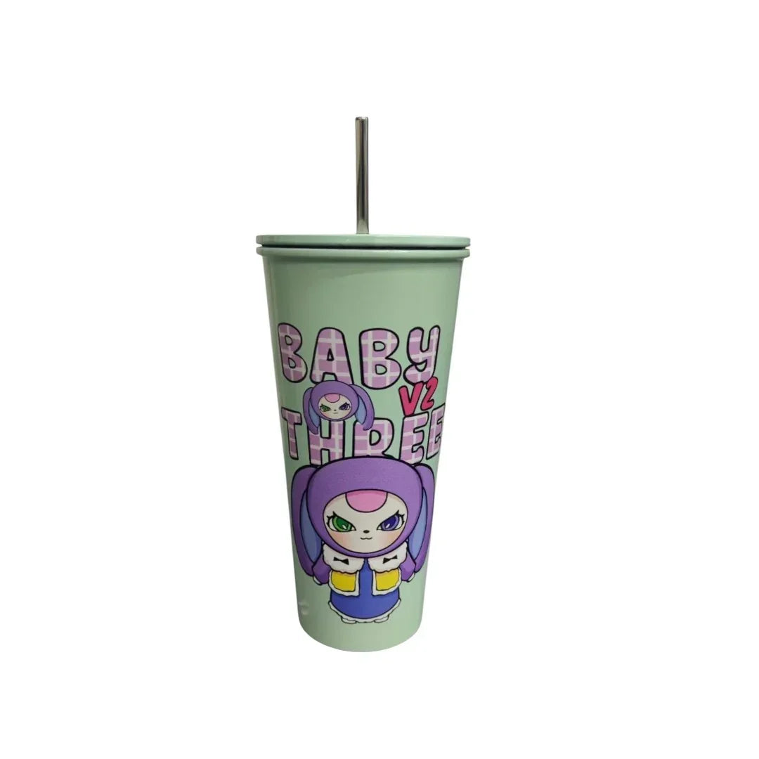 BABY THREE Colorful Stainless Steel Water Bottle – 500ml | With Lid & Metal Straw | Cute Character Design - Jaiman Toys