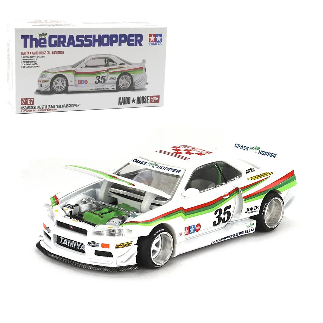 MINI GT 1/64 Nissan Skyline GT-R R34 – TAMIYA x KAIDO HOUSE “The GRASSHOPPER V1” | Diecast Scale Model Car - Jaiman Toys