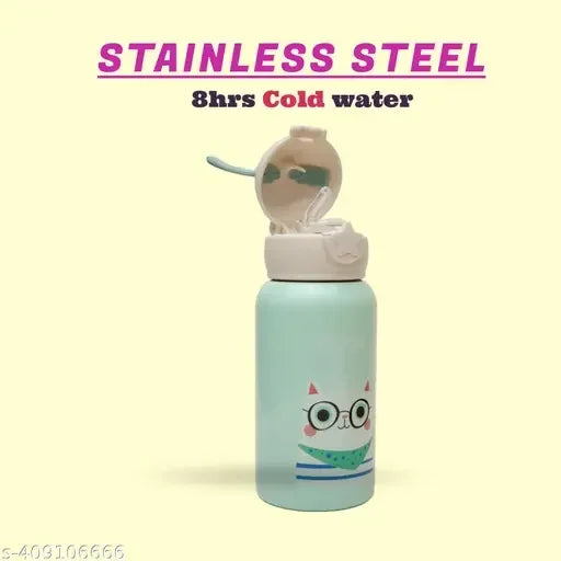 Deer Stainless Steel Water Bottle For Kids with carry bag, additional cup and sipper 500 ML (Green) - Jaiman Toys